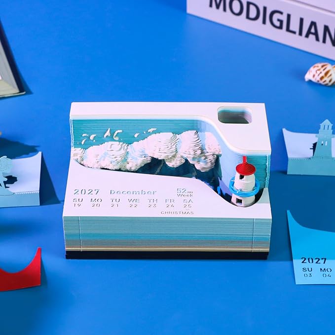 3D Time Piece Calendar, 2027 Desk Calendar With LED Light, 3d Tree Memo Pad Creative Desk Calendar, Christmas Gift for Colleague Friend, Desktop Decoration (Surf)