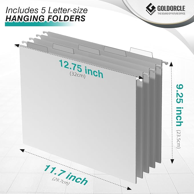 Letter-Size Hanging File Organizer (White, with 5 Grey Folders) | File Holder Filing Box for Desk, Metal Mesh Desk File Folder Storage for Office(No Assembly Required)