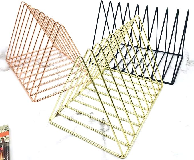 9 Slot Magazine Rack Book Record Holder, Desktop Iron Storage Rack Bookshelf Multifunction Triangle File Organizer Sorter for Decor Home Office, Golden Pack of 2