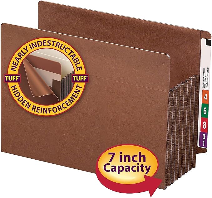 Smead End Tab TUFF® File Pocket, Reinforced Straight-Cut Tab, 7" Expansion, Tyvek® Gusset, Extra Wide Letter Size, Redrope, 5 per Box (73795)
