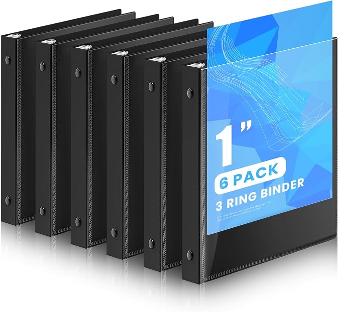 Henoyso 1 Inch 6 Pack Mini Clear View 3 Ring Binders for 5.5"x8.5",Black | Holds 240 Sheets, Clear Front Covers, Flexible Plastic Binder Bulk, Three Round Rings, School Office Report Filing, Planners