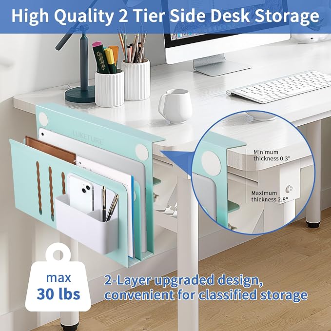 LUKETURE Desk Side Storage, 2 Tie Laptop Holder No Drill Clamp On Organizer | Steel Side Desk Organizer, Clamp on Laptop Mount with Pen Holder, Hanging Storage for Home Office, Fits 0.3" to 2.8"