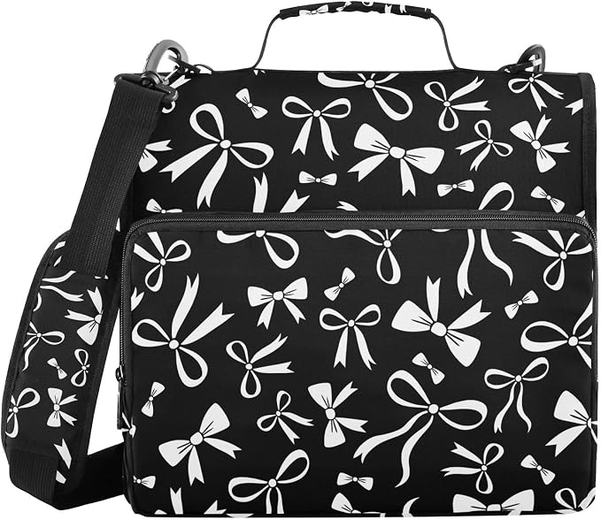 Ribbon Bow Black Print Zipper Binder Bag 3 Ring with Shoulder Strap & Handle Multi Pocket Binder Organizer Bag Large Capacity for School Office Supplies