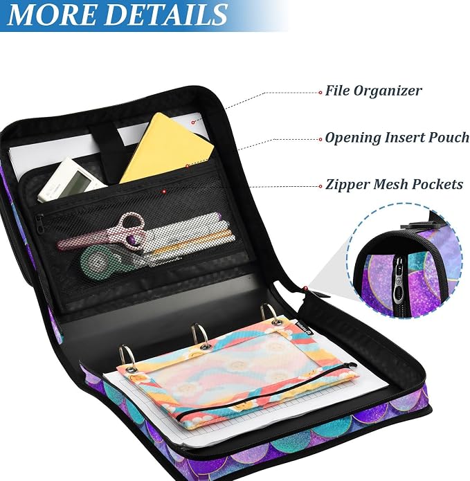 Custom Pink Blue Purple Mermaid Scales 3 Ring Binder Bag 1.5 inch Personalized Name Binder Organizer 500 Sheet Documents Storage for School Office