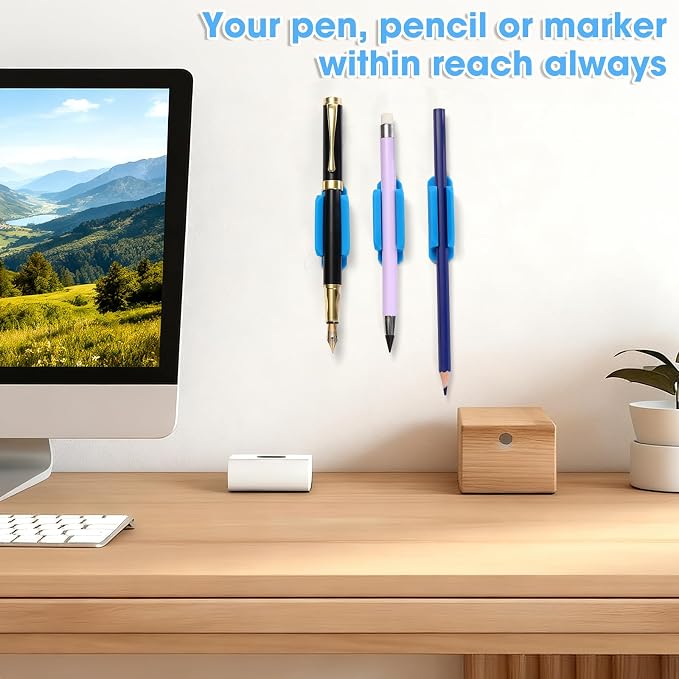VZZNN Adhesive Pen Holders for Desk Set of 40 - Reusable Silicone Pencil Grips with Strong Sticky Pads, Flexible Pen Holder for Wall, Clipboard, Notebook, Office Essentials & Teacher Supplies (Blue)
