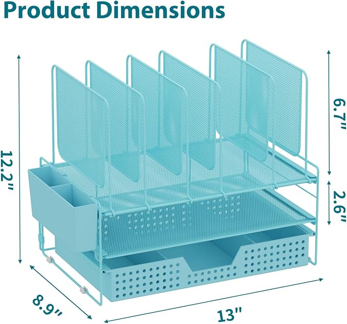 LEKETREE Teal Desk Organizer, Office Organization with Vertical File Holder, File Organizer with Drawer and Pen Holder, Desk Accessories and Workspace Organizers for Home Office (Sky Blue)