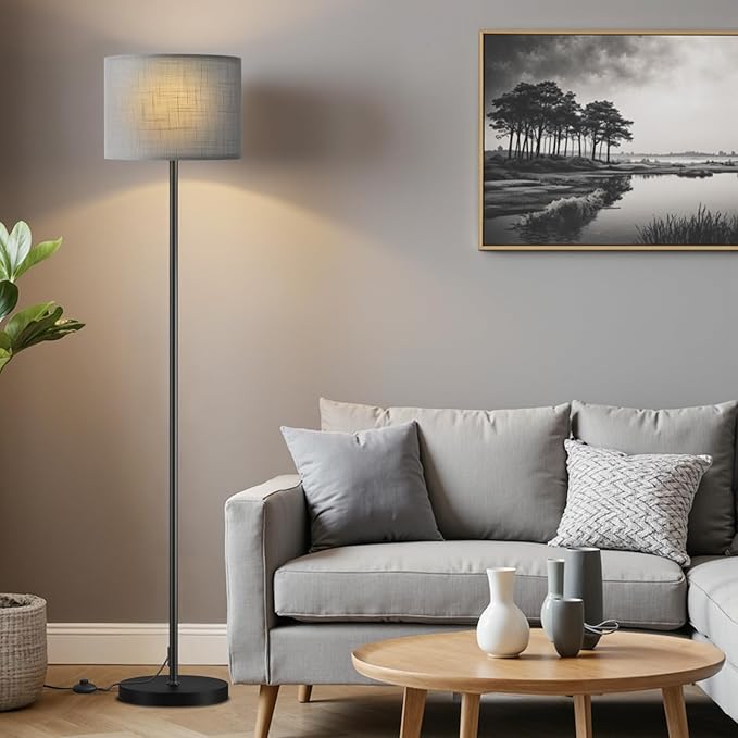 60'' Modern Floor Lamp with Shade, Tall Lamps for Living Room, Bedroom, Office, Dining Room, Linen Grey Shade with Black Pole(Without Bulb)