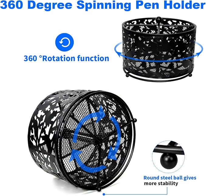 Pen Holder for Desk,360 Degree Rotating Pencil Holder Organizer | 4 Compartments,Large Capacity Pencil Holder for Desk,Metal Rust Prevention Pen Organizers(Bird Lace Pattern,No Hook)