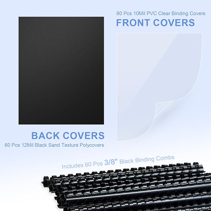 HOUYEE 180 Pack Comb Binding Covers and Backs Set, 8.5x11 Inch, Letter Size | 60 Pcs 3/8 Inch Black Binding Combs, 60 Pcs 10 Mil Clear Binding Covers, 60 Pcs 12Mil Black Plastic Sand Texture Polycovers