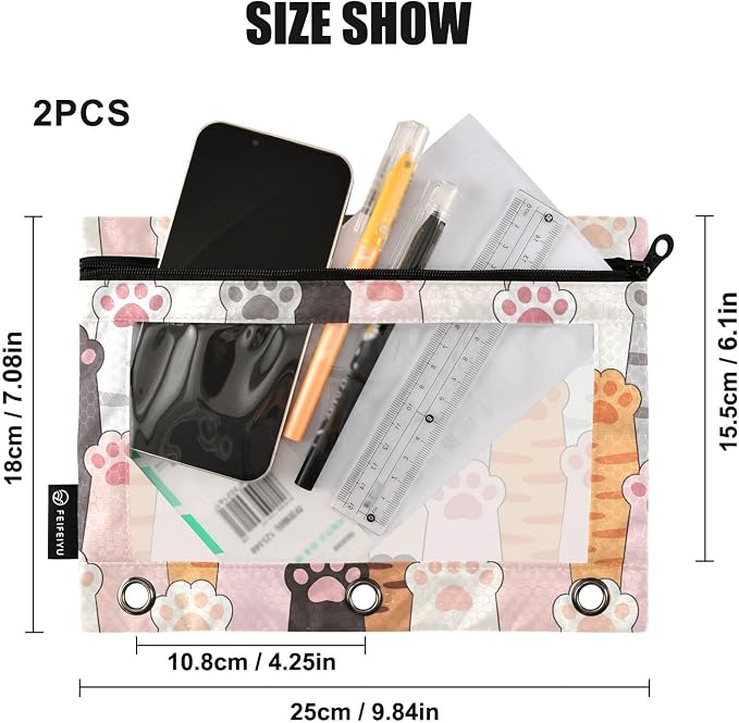 Cat Paw Prints Pencil Pouch for 3 Ring Binder, 2 Pack Waterproof Pencil Bags Clear Window Pencil Case Zipper School Office Supplies