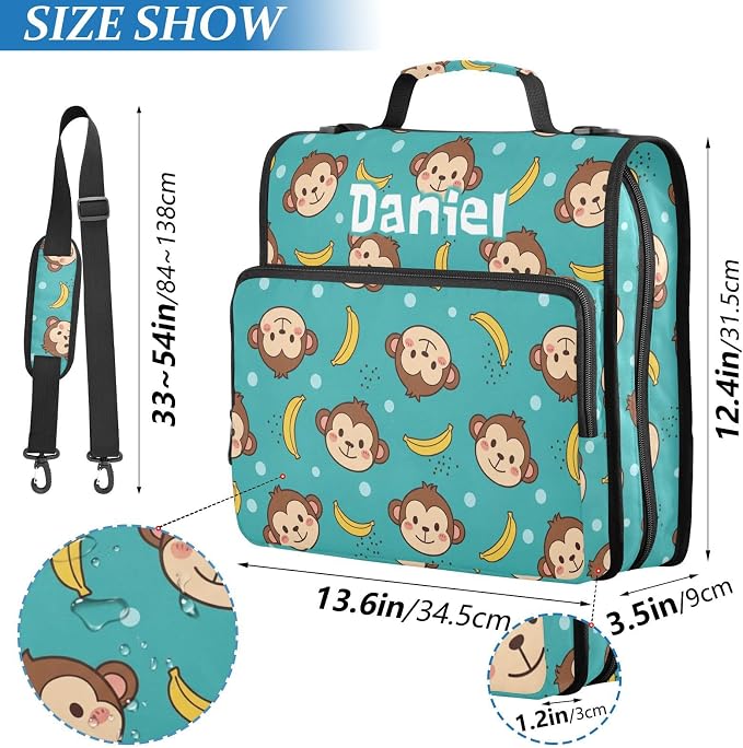 Custom Cartoon Animals Teal Print 3 Ring Zipper Binder with Shoulder Strap & Handle 1.5 Inch D-Ring Zippered Bag with Multiple Pocket, Personalized Binder Organizer for School or Office