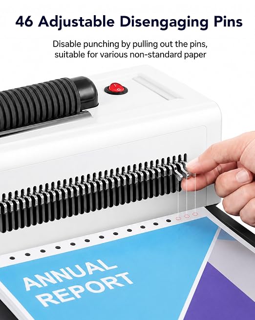 Spiral Coil Binding Machine with 46 Fully Disengaging Pins - 4:1 Pitch - Electric Coil Inserter - Adjustable Side Margin, Comes with Free 1 Box Coil Spines & Plier, 20 Sheet Punch Capacity