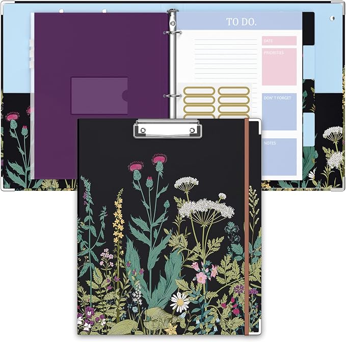 3 Ring Binder, 1 Inches Round Ring Binder with Clipboard, Dividers Tabs, PVC Zipper Bag Sleeves & to Do List Planners for Women, Men, School, Office Supplies, Wild Flower