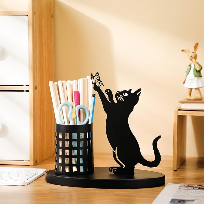 Tandefio Cat Pen Holder for Desk Cute Black Pencil Holder Metal Desk Accessories Organizer Makeup Brush Pen Cups for Back to School Stationery Office Home Decor Table Centerpiece Lover Gifts Women