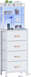 Tall Night Stand, 52.1" LED White Nightstand with Charging Station | LED Lights & USB Ports & type-C, 4 PVC Fabric Drawers and 4-Tier Storage Shelf, Bedside Table for Bedroom, Dorm