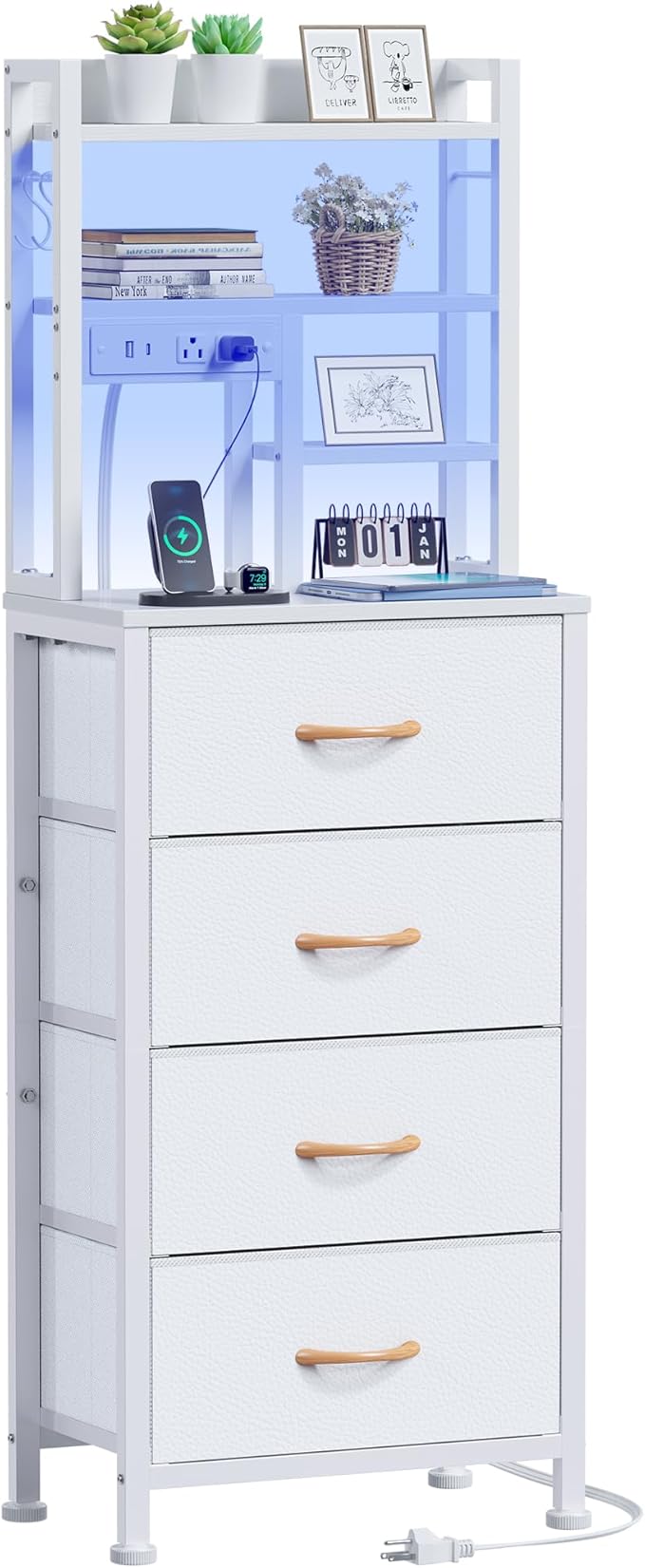 Tall Night Stand, 52.1" LED White Nightstand with Charging Station | LED Lights & USB Ports & type-C, 4 PVC Fabric Drawers and 4-Tier Storage Shelf, Bedside Table for Bedroom, Dorm