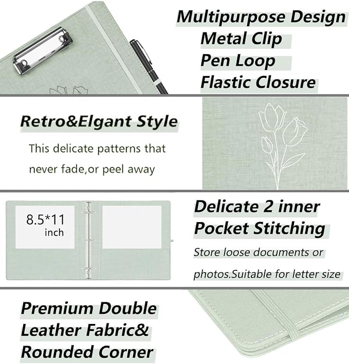 2 Inch 3 Ring Linen Binder Organizer, BVSSX Three Ring Binders with Clipboard, Plastic Folder, 5-Tabs Pocket Dividers with Sticker Labels, Pen Loop, Elastic Strap (Sauge, Letter Size)