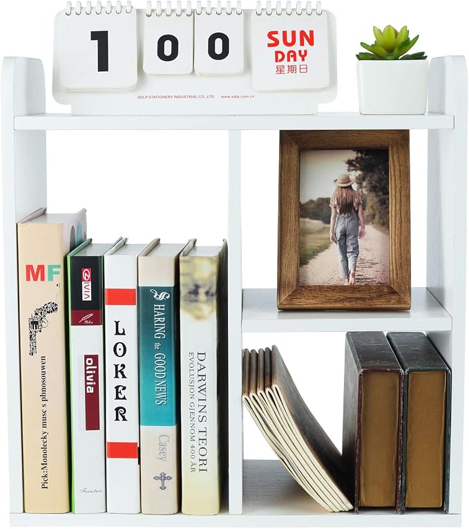 Desktop Shelf Freestanding Wood Small Bookshelf Desk Supplies Organizers and Accessories Storage Display Rack Office Decor for Women, White