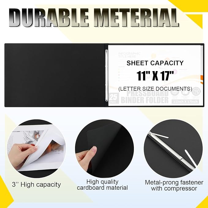 Resurhang 25 Pcs 11x17 Inch Pressboard Report Cover, 3" Capacity Presentation Binder Folder with Metal Prong Paper Fastener to Neatly Bind Reports Proposals Transcripts, Other Documents (Black)