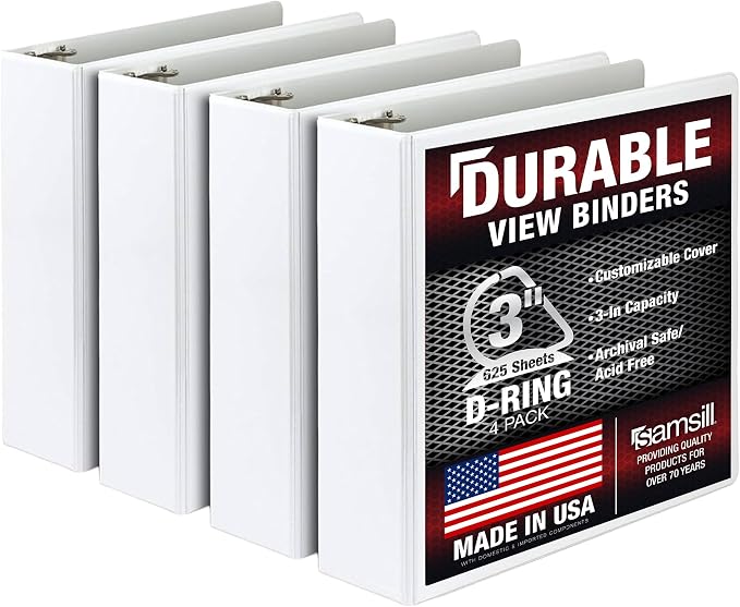 Samsill Durable 3 inch 3 Ring Binder, D Ring Binder, 100% Recycled Chipboard, White, 4 Pack