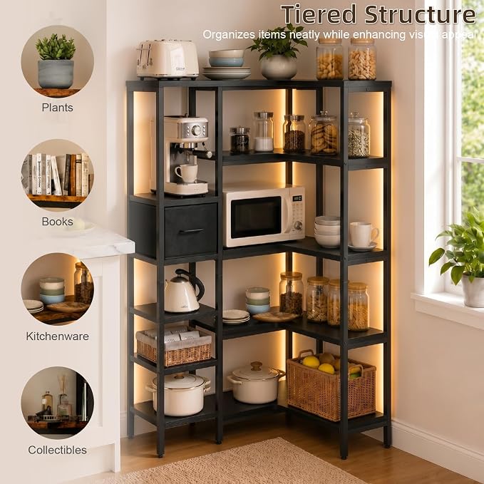 L-Shaped Corner Bookshelf with LED Light Strips & Fabric Drawers, 5-Tier Industrial Convertible Book Shelf Freestanding Display Shelf for Living Room,Home Office,Bedroom (Black)