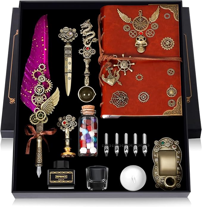Aifeiter Quill Pen and Ink Set With Quill and 5 Replaceable Nibs,Seal Stamp,Spoon,Wax Beads,White Wax,Pen Holder, Cup,Envelope,Letter Paper,Envelope Tool(purple)