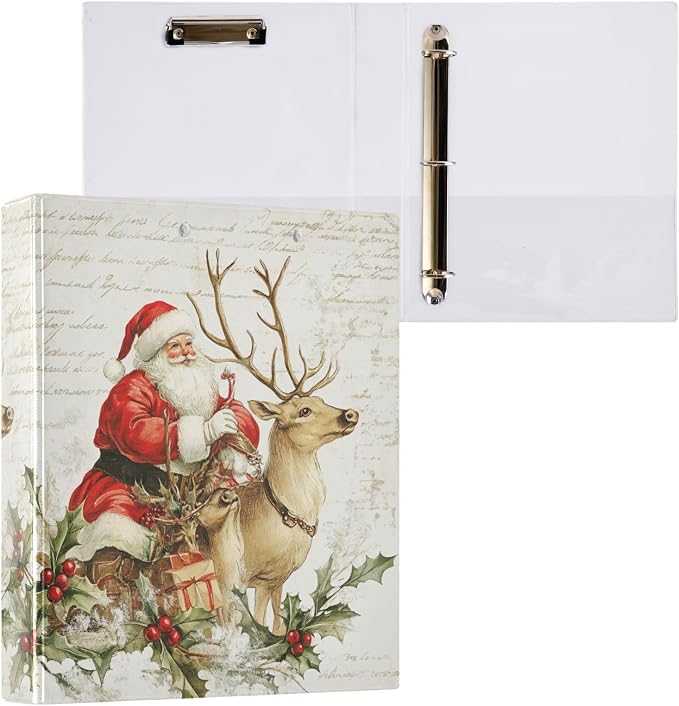 Vintage Santa Claus and Reindeer Xmas 3 Ring Binder 1.5" Decorative D-Ring Binder with Clipboard&3 Clear Pockets, Holds 200 Sheets A4 Size Paper Waterproof Binders for School Home Office|2 Pack