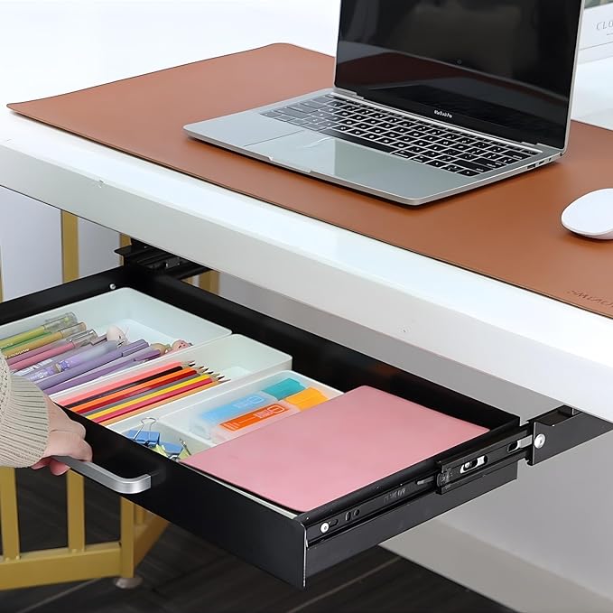 Under Desk Drawer 21" with 4 Divider Trays, Storage Drawer Organizer | Black, Under Counter, Desk Accessory, Attachable for Workbench, Adjustable Brackets, for Desk Lip with Crossbar, Clamp Mount