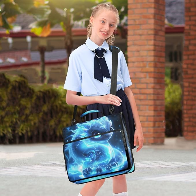 3 D-Ring Zipper Binder Bag, Cute Blue Glowing Dragon Removable Binder with Zipper Case Hold 300+ Sheets& 13 Inch Laptop for School Office Supplies Organizer