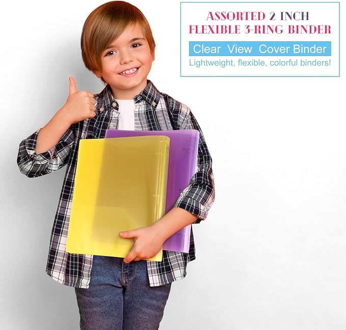 Fulmoon 6 Pack 2 Inch Plastic 3 Ring Binders with Pockets, Neon Colors | Flexible Covers with Round Rings and Front Pockets for Organizing Papers at School, Office, Meetings and Presentations