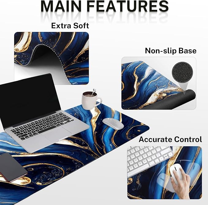 Keyboard Mouse Pad Set, 4 in 1 Desk Mat Set, Marble Blue | Gold Large Mousepad+Keyboard Wrist Rest+Mouse Wrist Rest+Coaster Ergonomic Design for Home Office Computer