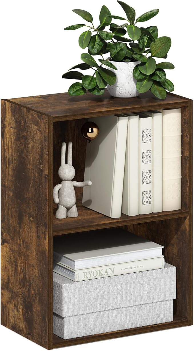 Furinno LUDER Book Shelf, 2-Tier Modern Bookshelf, Open Shelves Bookcase, 9" x 16" x 21", for Living Room, Bedroom, Home Office, Amber Pine