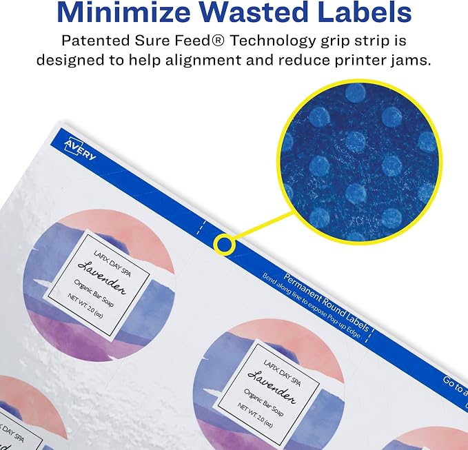 Avery® Printable Round Labels, Sure Feed® Technology, Glossy White Labels, 2" Diameter, Permanent Adhesive, Laser/Inkjet, 120 Total (22807)