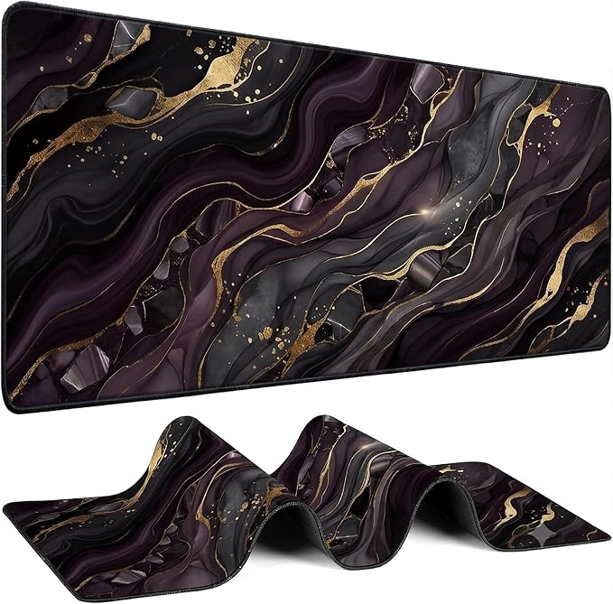 Large Mouse Pad 31.5x15.7 Inch Purple Marble Gold Foil Desk Mat XL | Aesthetic Purple Marble Design with Gold Foil,XL Keyboard Mouse Pad with Non-Slip Rubber Base for Home Office & Computer