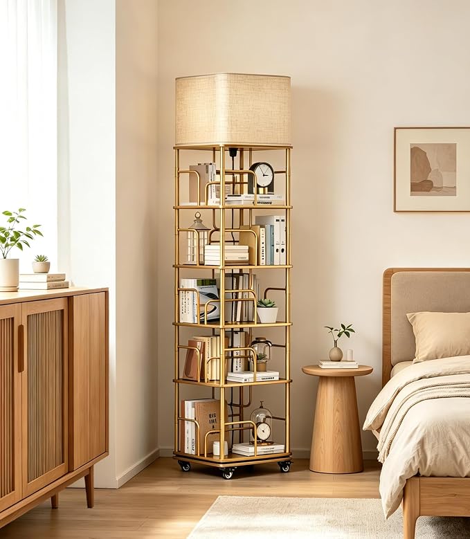 5 Tier Gold Rotating Bookshelf with Light, Square Revolving Book Shelf Tower with Wheels, 360 Display Corner Shelves with Large Capacity for Small and Narrow Space, Office, Living and Bed Room