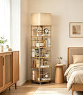 5 Tier Gold Rotating Bookshelf with Light, Square Revolving Book Shelf Tower with Wheels, 360 Display Corner Shelves with Large Capacity for Small and Narrow Space, Office, Living and Bed Room