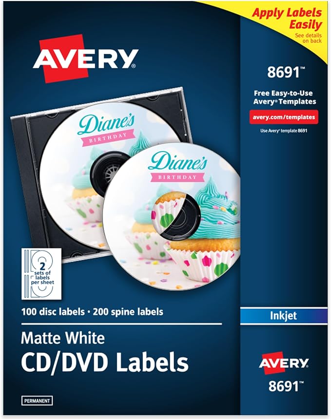 Avery Printable CD Labels, Matte White, Permanent Adhesive, Inkjet Printer Compatible, 100 Disc & 200 Spine Labels, Ideal for CDs, DVDs, PC Discs, Media Projects & More (8691)