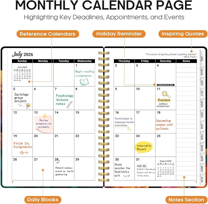 Taja Planner 2026-2027, Jul 2026-Jun 2027 Monthly & Weekly Calendar Planner | 6.3" x 8.5", Hardcover Academic Calendar, Teacher Student Agenda Book with Tabs, School Office Supplies, Tulip Blaze