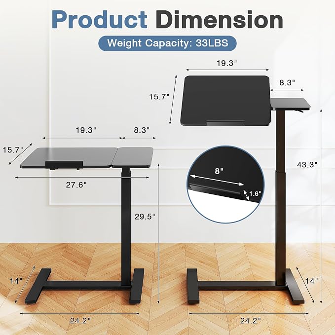 DUMOS Adjustable Bedside Overbed Table with Wheels, Black | Laptop Standing Desk with Tilting Top Height, Mobile Rolling Computer Cart for Hospital Home Bedroom Use