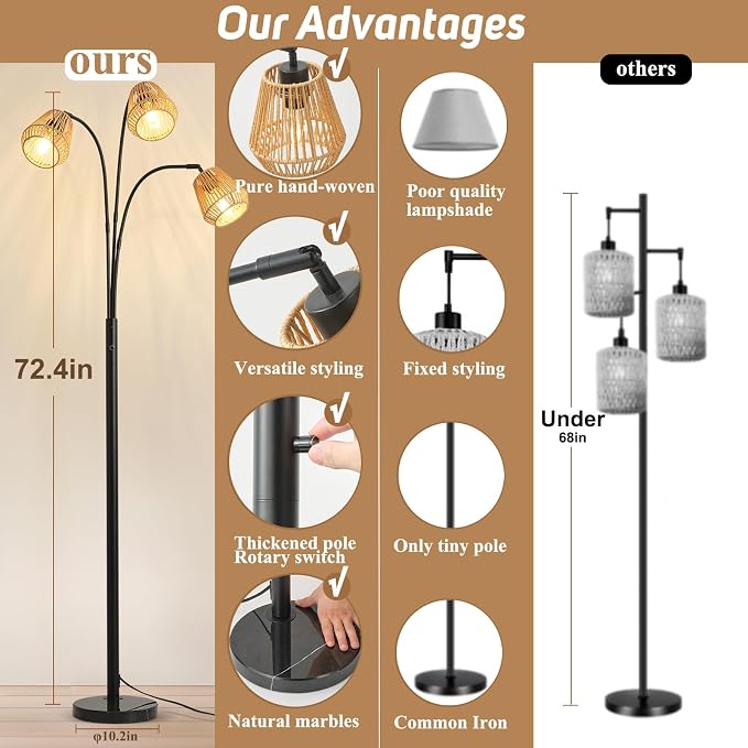 Rattan Floor Lamp for Living Room, 72'' 3-Light Boho Standing Lamp | Heavy Natural Marble Base, 1/2/3-Light Rotary Switch, Wicker Shades for Reading Corners Bedrooms