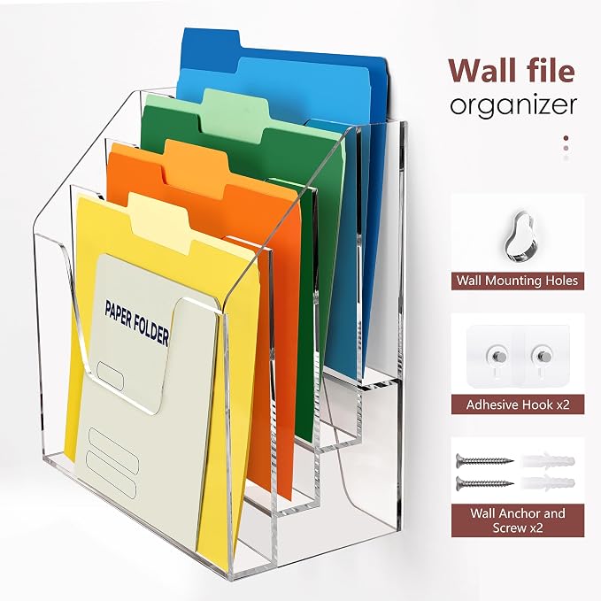 DINGHUO Acrylic Desk File Mail Organizer Wall Mounted, 4-Tier Hanging File Folder Holder, Clear Office Magazine Rack (Adhesive Hooks x 2)