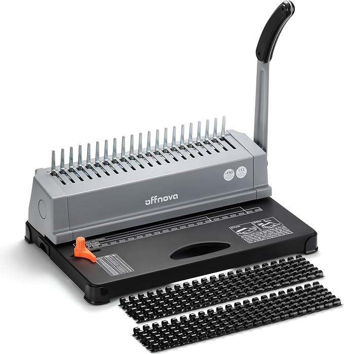 OFFNOVA Binding Machine, 21-Hole 450 Sheets Paper Comb Punch Binder Machine for Letter Size / A4 / A5 Paper, Easy to Punch Handle, Adjustable Margin, Gray