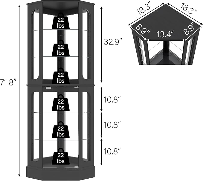 kepptory 72" Tall Corner Display Cabinet with Glass Doors，Black | 6-Tier Glass Display Cabinet, Adjustable Glass Shelves, LED Lights, Curio Display Case for Collectibles