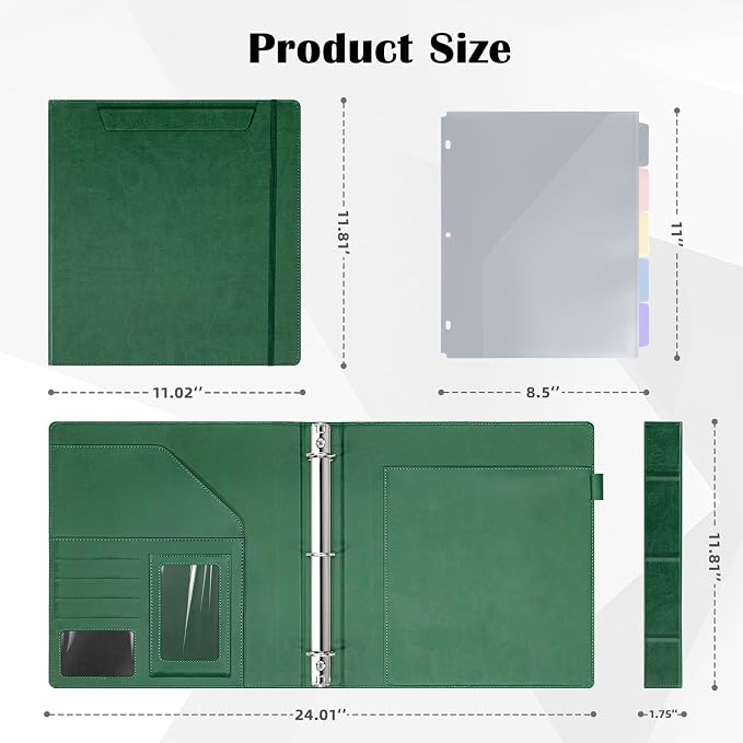Ospelelf Green Leather 3 Ring Binder 1 Inch Round Ring, Magnetic Clipboard Folio with Storage Zipper Pouch, 5 Dividers with 10 Pockets, Professional Binder for School Office Nursing