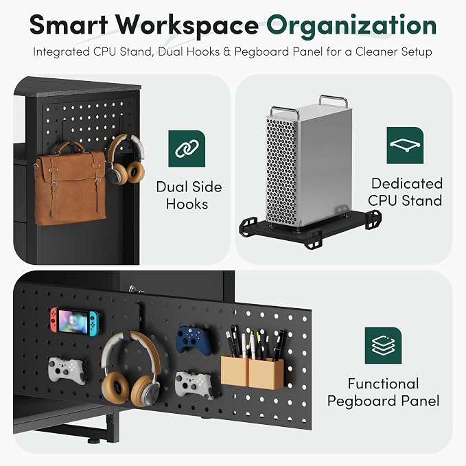 MALOL 70.3" Reversible L-Shaped Office Desk with Power Outlet Computer Desk | Large Executive Desk with Locked File Drawers & Storage Shelves, Pegboard, Mobile CPU Stand, Modern Corner Desk, Grey