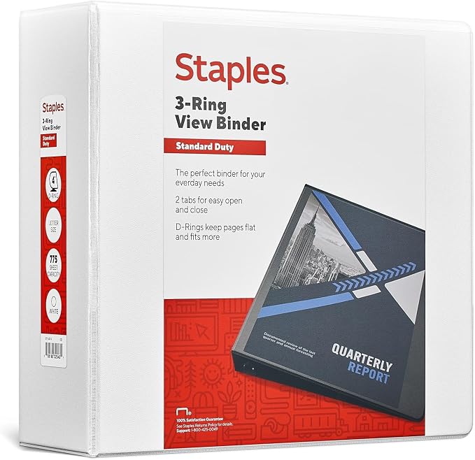 Staples Standard 4-Inch D-Ring View Binder, White, 775 Sheets | Large-capacity binder for office and school document storage.