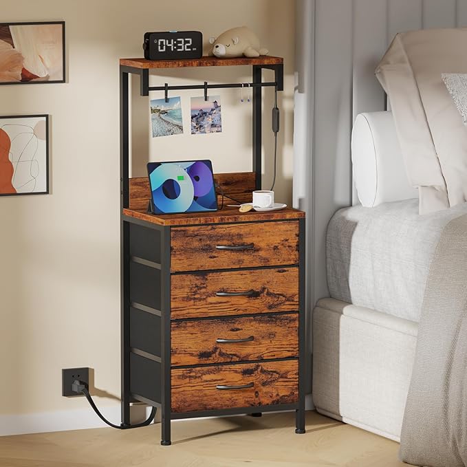 Night Stand Set 2, 38" Tall Bedside Table with Charging Station | RGB LED Lights, Storage Wood Shelves & 4 Fabric Drawers, Metal Frame, Easy Assembly for Bedroom Dorm Hallway