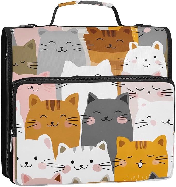 ALAZA Kawaii Cats Zipper Binder 3 Ring Cute Binder Organizer with Zipper and Shoulder Strap Large Capacity Multi-Pocket Trapper Keeper File Folder for Office Supplies