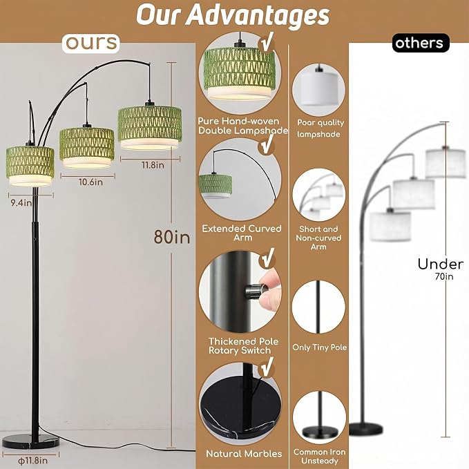 80'' Rattan Arc Floor Lamp for Living Room, 3-Light Boho Tree Tall Lamp | Heavy Natural Marble Base, 1/2/3-Light Rotary Switch,Double-layer Green Wicker/Fabric Shades for Coastal style,8 ft+ Ceilings