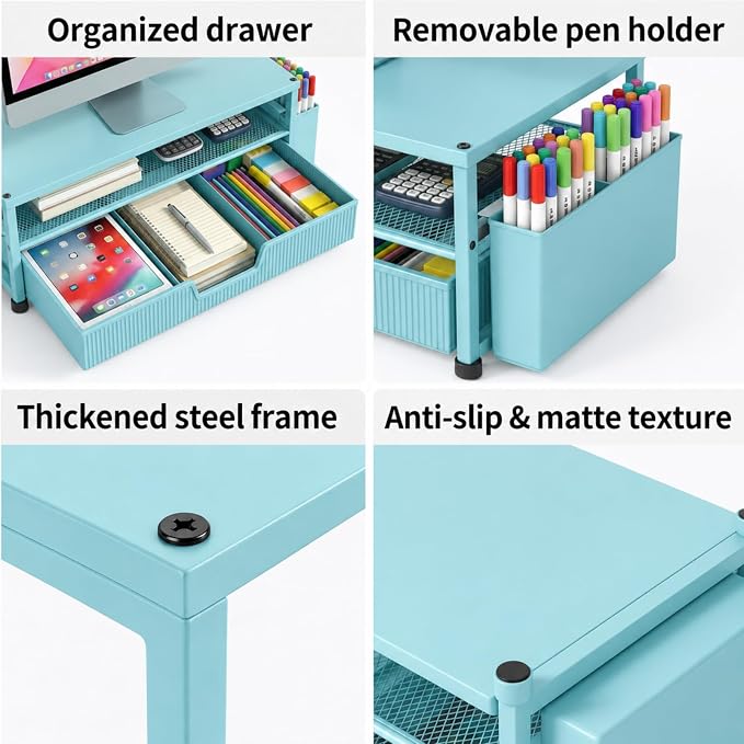ECOLOVI Desk Organizer and Accessories, 2-Tier Computer Monitor Stand Rise with Storage Drawer & 2 Pen Holders, Laptop & Printer Stand for Desktop, Workspace Organizers for Office Supplies (Blue)